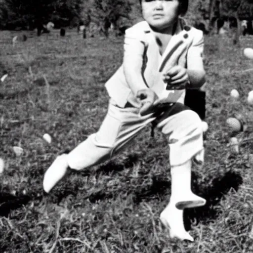 Image similar to historical footage of elvis on an easter egg hunt on easter sunday, 1 9 3 0 s, photorealistic, photo