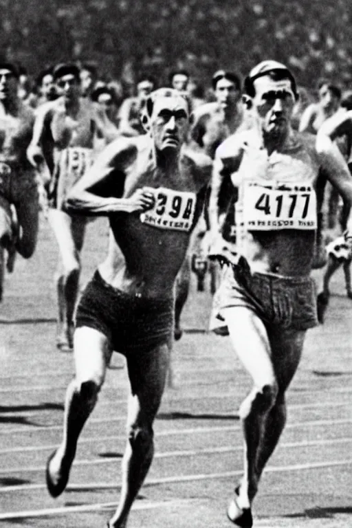 Image similar to Louis zamperini races against emperor Hirohito in the 400 meter,in the style of laurel and hardie