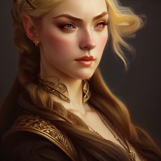 Image similar to aristocrat eye brow raised, female, d & d, fantasy, intricate, elegant, highly detailed, blonde hair, digital painting, artstation, octane render, concept art, matte, sharp focus, illustration, hearthstone, art by artgerm, alphonse mucha johannes voss