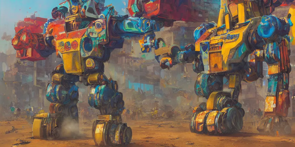 Image similar to colourful - damaged - giant mecha ROBOT of AJEGUNLE SLUMS in Lagos, markings on robot, Golden Hour, painting by Hsiao-Ron Cheng,