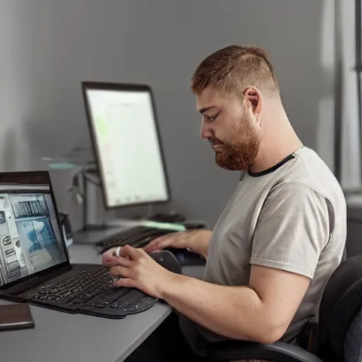 Image similar to color painting, highly realistic, heavyset man typing at his computer, using his mouse, looking at the screen, sitting in an office chair in his dimly lit bedroom