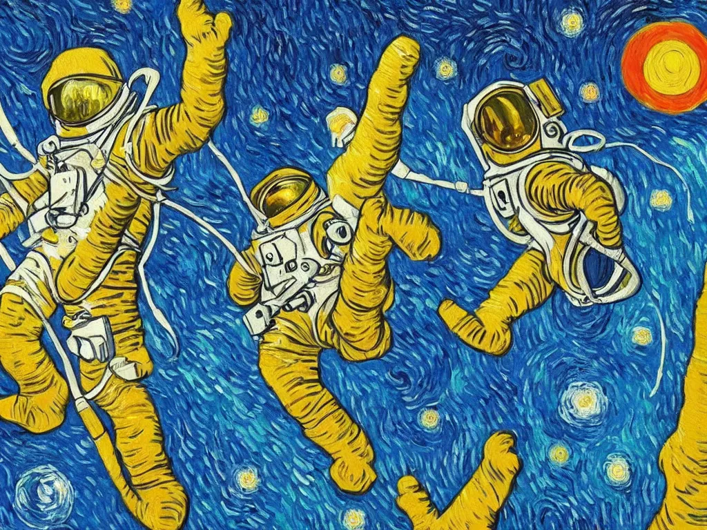 Image similar to bright beautiful oil painting of astronaut giving a thumbs up on a spacewalk, light scatter, van gogh