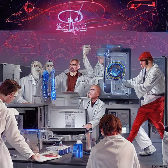 Image similar to engineers and scientists in labcoats confront a malevolent computer, glowing digital runes, panicked scientists in the background, ( futurism ), rhads!!!, james gurney, ( art fitzpatrick ), ( asaf hanuka ), ( ( barclay shaw ) ), ominous, saturday morning cartoon, clean linework, western animation