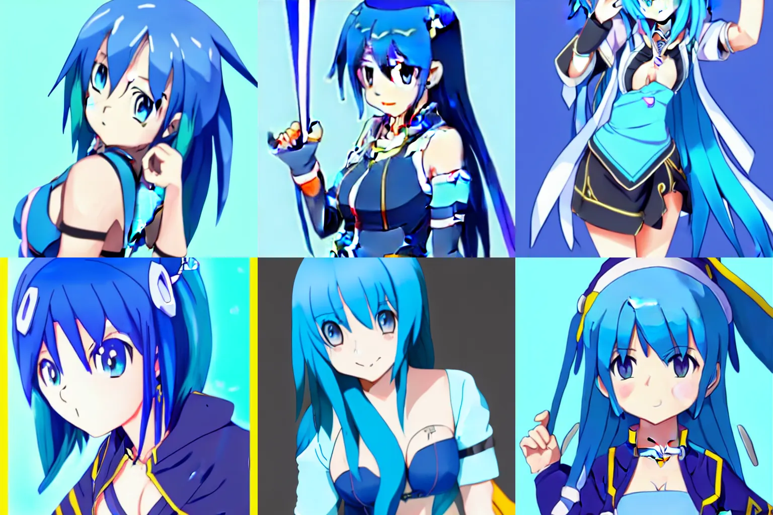 Prompt: Aqua from Konosuba, trending on pixiv, trending on artstation, blue hair, blue clothes