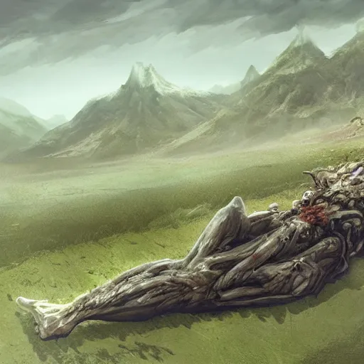 Image similar to the remains of a dead giant laying across a valley, concept art, natural, plains, green overgrown, fantastical