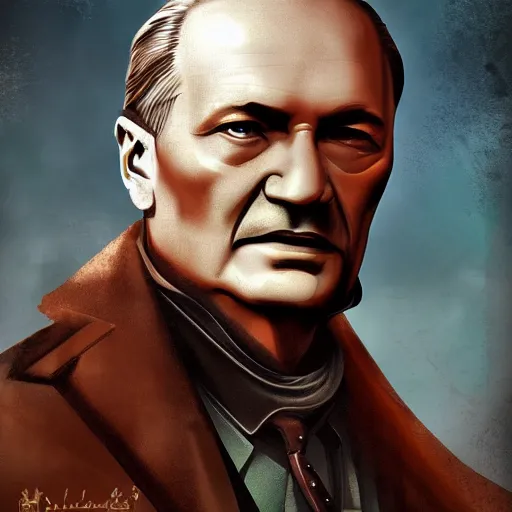 Prompt: ataturk portrait, artstation, steampunk, post - apocalyptic, high quality, hyperrealistic, digital art