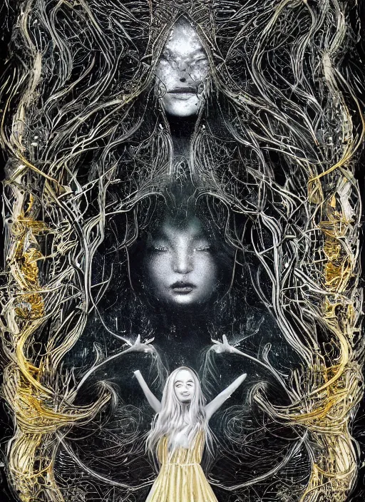 Image similar to glowing silver and golden elements, portrait, A beautiful dark witch in front of the full big moon, book cover, green forest, red white black colors, establishing shot, extremly high detail, foto realistic, cinematic lighting, pen and ink, intricate line drawings, by Yoshitaka Amano, Ruan Jia, Kentaro Miura, Artgerm, post processed, concept art, artstation, matte painting, style by eddie, raphael lacoste, alex ross