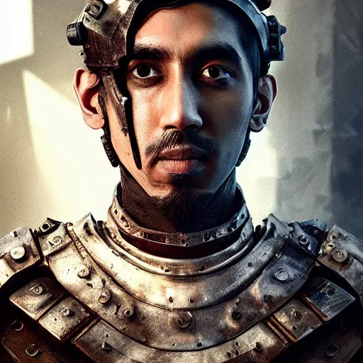 Prompt: dev patel portrait, dystopia core, apocalyptic, armor, warrior, dramatic, sharp focus, fiction, neon, fantasy, hyper detailed, digital art, trending in artstation, cinematic lighting, studio quality, smooth render, unreal engine 5 rendered, octane rendered, art style and nixeu and wlop and krenz cushart