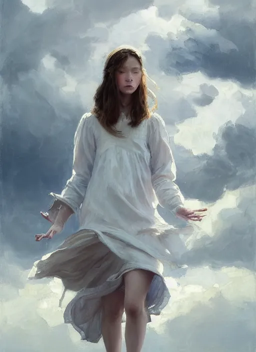 Prompt: portrait of a girl dressed in white clothes chasing flying whales, countryside, calm, fantasy character portrait, dynamic pose, above view, sunny day, thunder clouds in the sky, artwork by Jeremy Lipkin and Giuseppe Dangelico Pino and Michael Garmash and Rob Rey, very coherent asymmetrical artwork, sharp edges, perfect face, simple form, 100mm