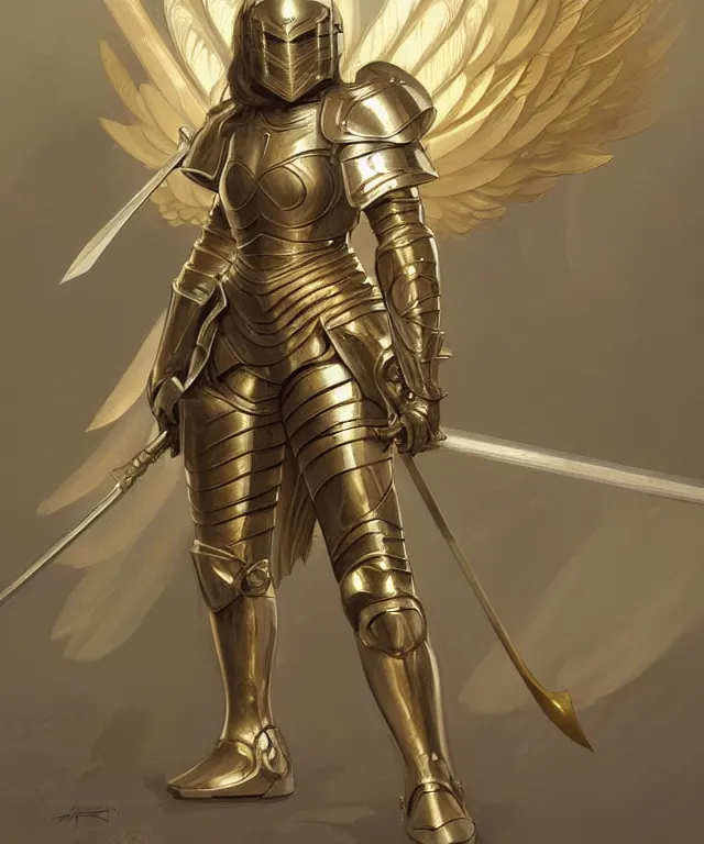 Image similar to Female knight angel in gold and silver armor, highly detailed, digital painting, artstation, concept art, smooth, sharp focus, illustration, art by artgerm and greg rutkowski and alphonse mucha