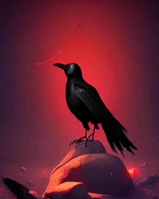 Image similar to beautiful digital fantasy illustration of a black bird with a red background, vanitas, wiccan, cowboy plague doctors, tarot card, angel sitting on a rock, abyssal warmth, octane render, detail texture, unreal engine, poster art by victo ngai, 8 k, photographic quality, ultra hyper realistic quality