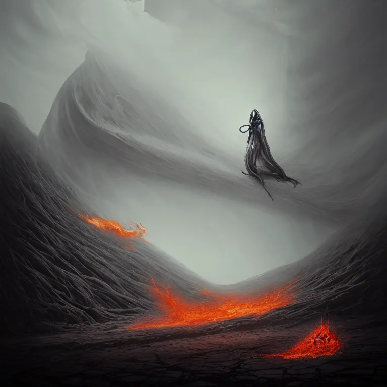 Image similar to one lone singular swirling otherworldly demonic figure shrouded in flames emerges from extensive barren grey charcoal dunescape, flames, matte painting by peter mohrbacher and filip hodas, background colosseum!, godrays, high contrast, highly detailed