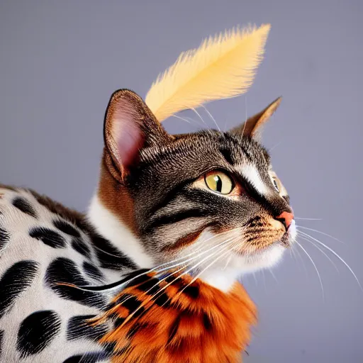Image similar to A picture of a cute pet cat with pheasant feathers on the body, award winning, stunning, 8k