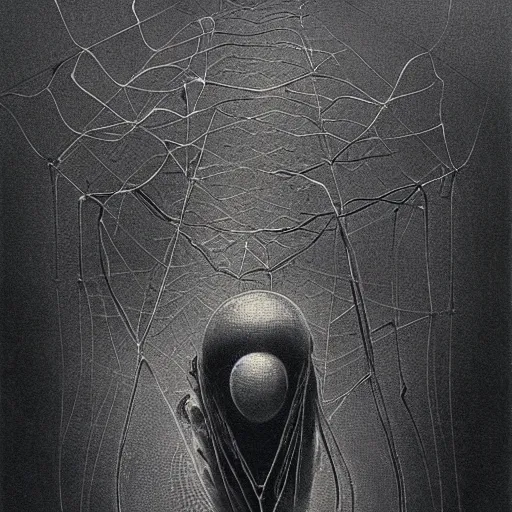 Prompt: spiderman web by zdzisław beksinski