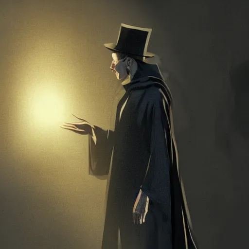 Image similar to the magician with a black robe inside a abandoned house, shadows, lurker, artstation