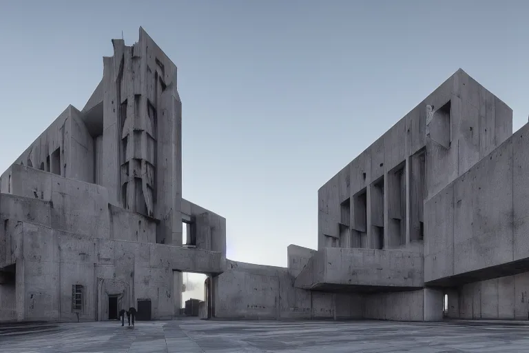 Prompt: an extremely detailed cathedral of brutalist architecture, stunning volumetric light, sunset, metal, concrete and translucent material, stunning skied, 8k, by Greg Rutkowski