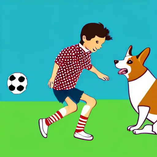 Image similar to illustration of french boy in paris playing football against a corgi, the corgi is wearing a polka dot scarf