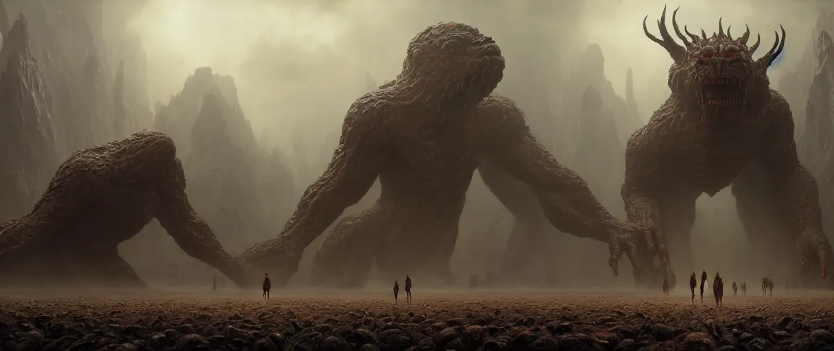 Image similar to people running terrified of the giant monster in the background, high detail, 8k, ornate, dark fantasy, realistic, masterpiece, Trending on art station, complex, WLOP, film still from the movie directed by Denis Villeneuve with art direction by Alex Grey, Greg Rutkowski