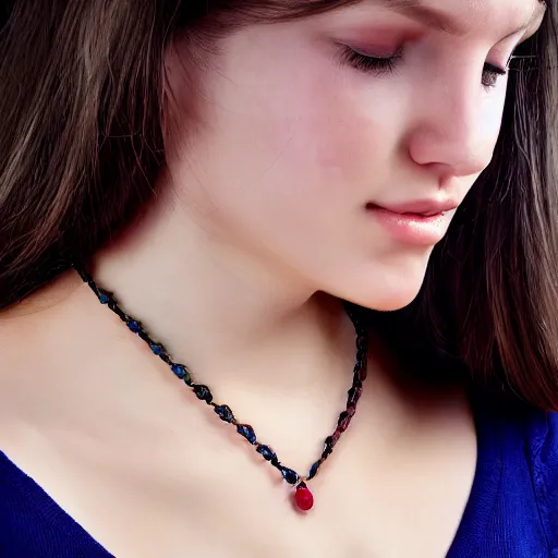 Image similar to necklace on a young beautiful woman neck, hyper realistic,