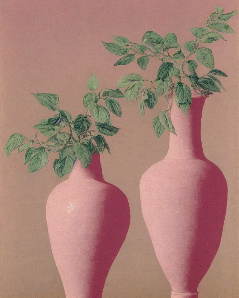 Image similar to achingly beautiful print of intricately painted ancient greek amphora on a pink background by rene magritte, monet, and turner.