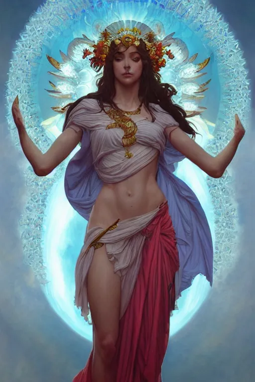 Image similar to goddess of love and peace, accurate anatomy, only two hands, highly detailed, digital painting, artstation, concept art, smooth, sharp focus, illustration, Unreal Engine 5, 8K, art by artgerm and greg rutkowski and alphonse mucha