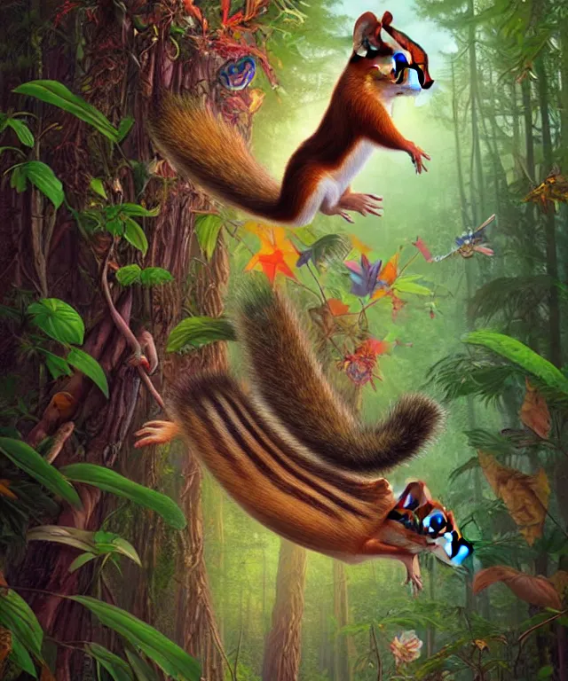 Prompt: a single realistic chipmunk, flying in a psychedelic forest, wide angle landscape shot, pixar style by tristan eaton, artgerm and tom bagshaw