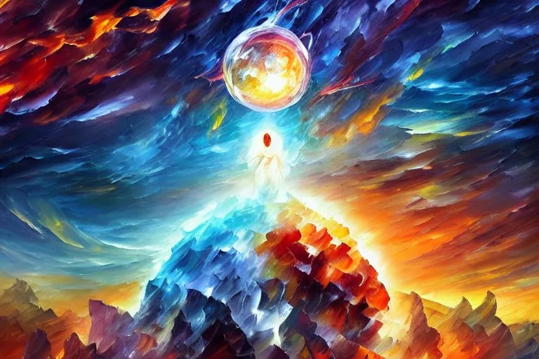 Image similar to a god giving birth to a new universe and then dissolving itself into it, in the style of wlop!! and leonid afremov, illustration, epic, fantasy, hyper detailed, smooth, unreal engine, sharp focus, ray tracing