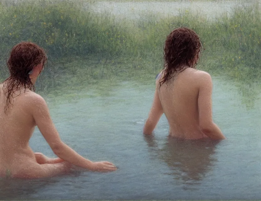 Prompt: peasant with wet hair taking a bath in a lake, back view, cottage core, cinematic focus, polaroid photo bleached vintage pastel colors high - key lighting, soft lights, foggy, by steve hanks, by lisa yuskavage, by serov valentin, by tarkovsky, 8 k render, detailed, oil on canvas