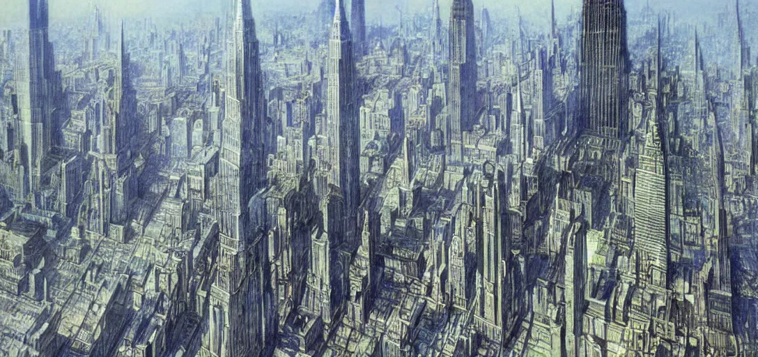 Image similar to Futuristic landscape of New York City in the year 2050 by Alan Lee