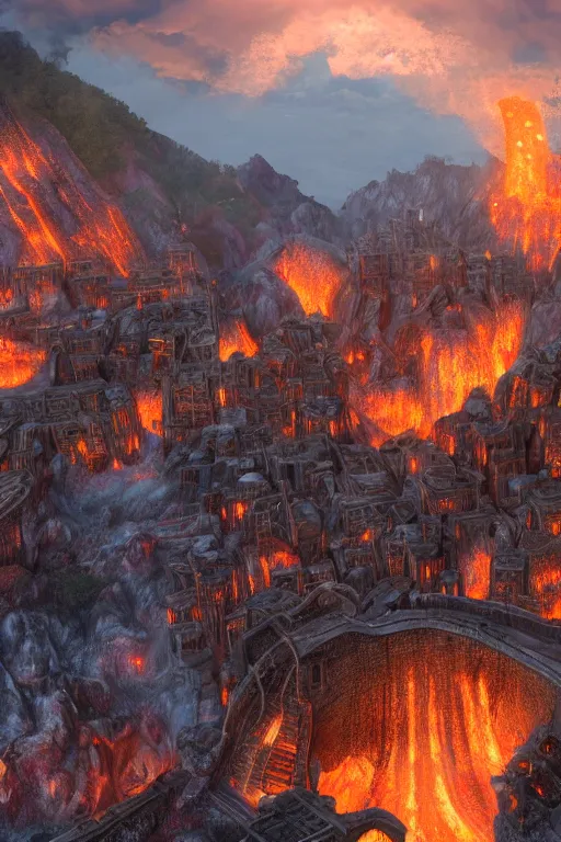 Prompt: dwarvish brass city in the active volcanic crater, city supported by giant brass bridges, fantasy setting, steamy molten environment, very detailed, 4 k