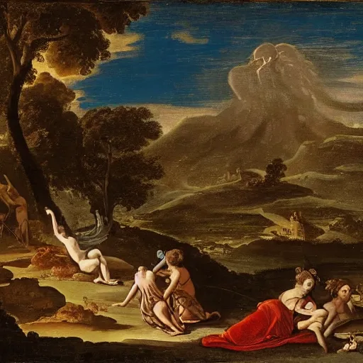 Image similar to a volcano seething, ethereal landscape, elves, fauns, musicians, claude lorrain pastoral landscape