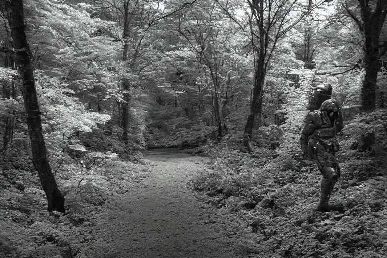 Prompt: infrared night vision trail cam of an alien grey creeping through a creek