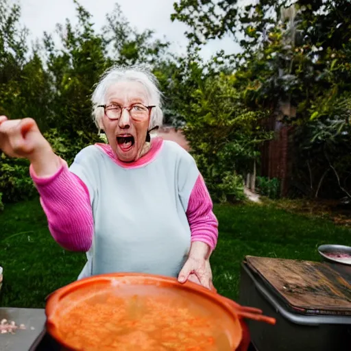 Image similar to elderly woman screaming at soup, canon eos r 3, f / 1. 4, iso 2 0 0, 1 / 1 6 0 s, 8 k, raw, unedited, symmetrical balance, wide angle