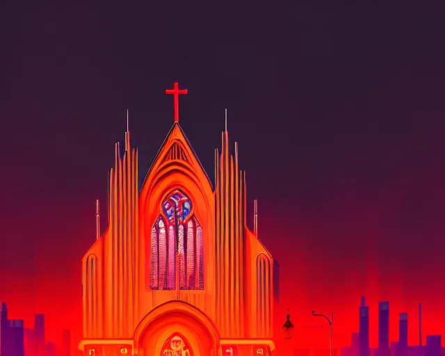 Prompt: a modern gothic cathedral in an ancient city by simon stalenhag and josan gonzalez, cyberpunk, vibrant, neon signs, high contrast, orange lit sky