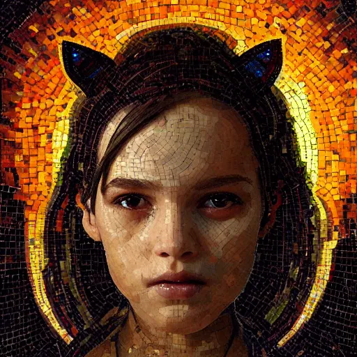 Image similar to mosaic portrait of a beautiful young girl with robot ears falling into the sun by greg rutkowski, 4k, intricate details, dichotomy