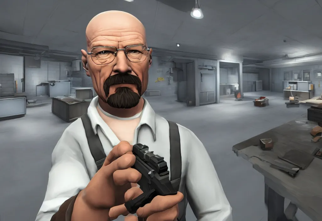 Image similar to walter white in team fortress 2, walter white in the video game team fortress, gameplay screenshot, close up, 3 d rendering. unreal engine. amazing likeness. very detailed.