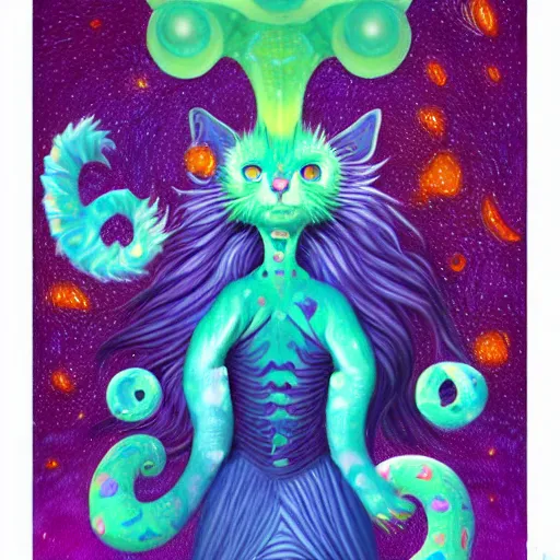 Image similar to cat seahorse shapeshifter, long haired humanoid weirdcore voidpunk fursona, detailed coherent painterly character design digital art by quint buchholz, delphin enjolras, wlop, louis wain, lisa frank, furaffinity, cgsociety, trending on deviantart