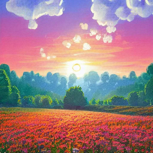 Prompt: who cared, flower field, beautiful sunset on a summer day light, impressionist painting, colorful clouds, blue sky, digital painting, artstation, simon stalenhag