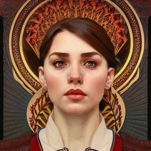 Image similar to a portrait of a female hero of the soviet union, full portrait, decorated with soviet motifs, intricate, elegant, highly detailed, symmetry, headpiece, digital painting, artstation concept art smooth sharp focus, illustration, art by artgerm and greg rutkowski alphonse mucha 8 k