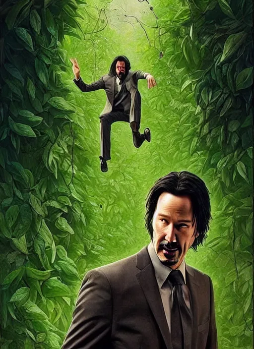 Image similar to highly detailed comedy caper movie poster with silly wacky zany keanu reeves as a sentient pile of leaves, keanu reeves green face as a sentient leafy bush by greg rutkowski, masterpiece, really funny, 1 0 / 1 0 comedy