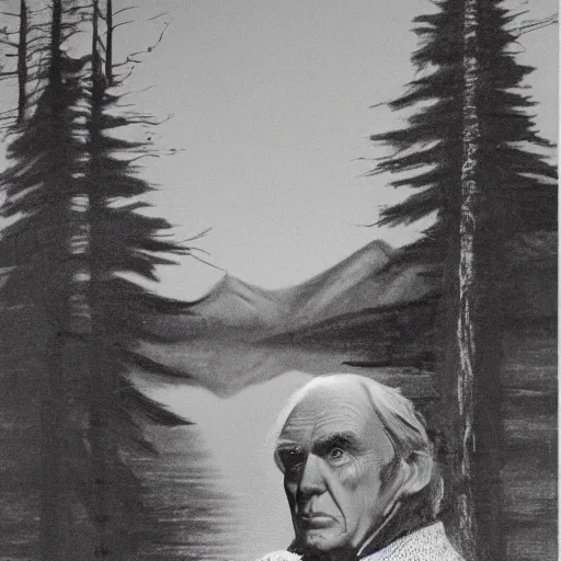 Prompt: angus scrimm as the tall man standing by a lake at night, highly detailed, spooky, scary