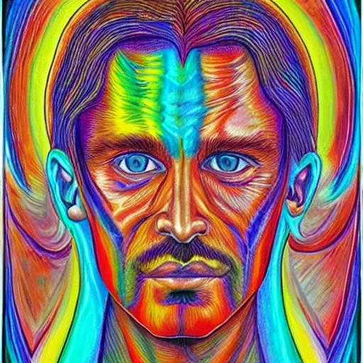 Image similar to a portrait of a beautiful man the style of Alex Grey, colorful,