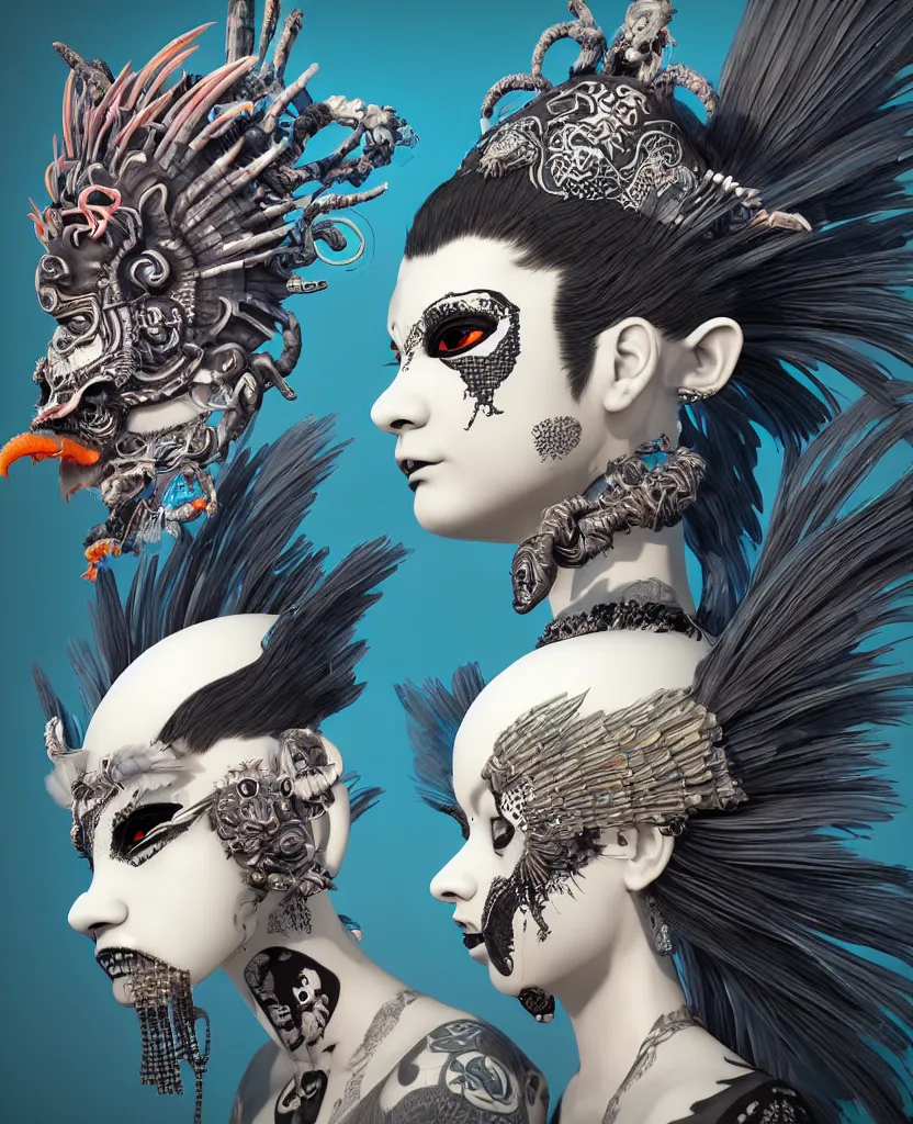 Image similar to 3 d goddess close - up profile portrait punk with mohawk with ram skull. beautiful intricately detailed japanese crow kitsune mask and clasical japanese kimono. betta fish, jellyfish phoenix, bio luminescent, plasma, ice, water, wind, creature, artwork by tooth wu and wlop and beeple and greg rutkowski