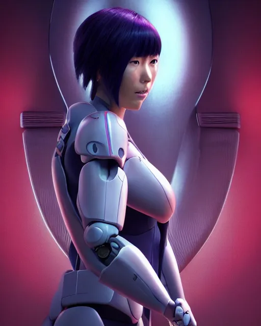 Image similar to weta disney pixar movie still portrait photo of motoko kusanagi ghost in the shell : : as cyborg woman by pixar : : by weta, wlop, ilya kuvshinov, rossdraws, artgerm, marvel, maxim cover, latex, octane render, sweaty, iridescent, bright morning, anime, liosh, mucha : :