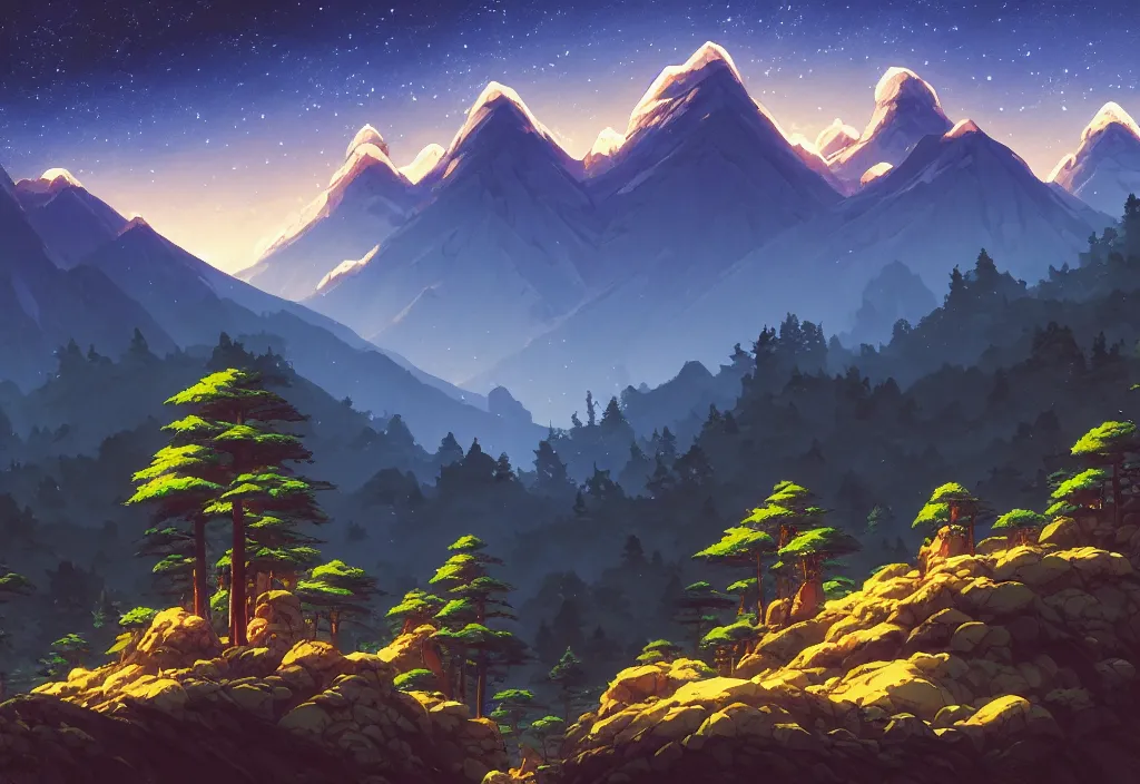 Image similar to mountains background with pines at night, rocks, trees, castle, night sky, intricate oil painting, high detail illustration, sharp high detail, manga and anime 1 9 9 9, official fanart behance hd artstation by jesper ejsing and makoto shinkai, 4 k,