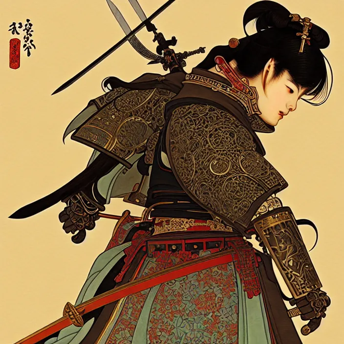 Image similar to anthropomorphic samurai bear cyborg, cyborg bear, sword held in hand, fantasy, intricate, highly detailed, lifelike, photorealistic, digital painting, artstation, illustration, concept art, smooth, sharp focus, art by alphonse mucha and kitagawa utamaro and ogata korin and aya takano