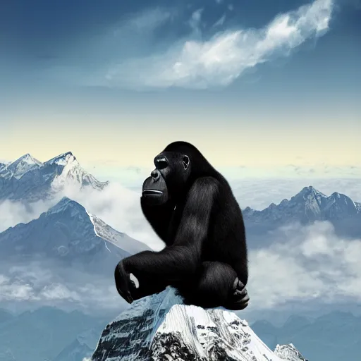 Prompt: A gorilla talking to god on top of mount everest, digital art, trending on artstation, highly detailed