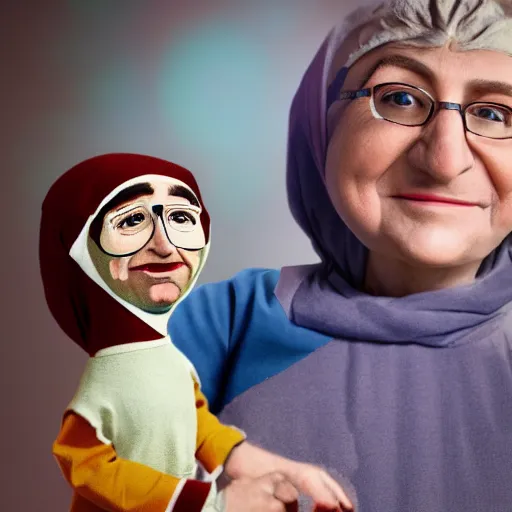 Prompt: portrait of a babushka with a John Oliver puppet