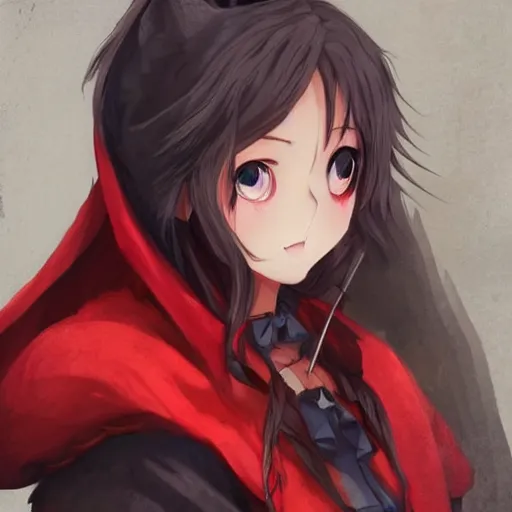 Image similar to An anime portrait of Little red riding hood the wolf slayer, by Kan Liu, trending on artstation, official media