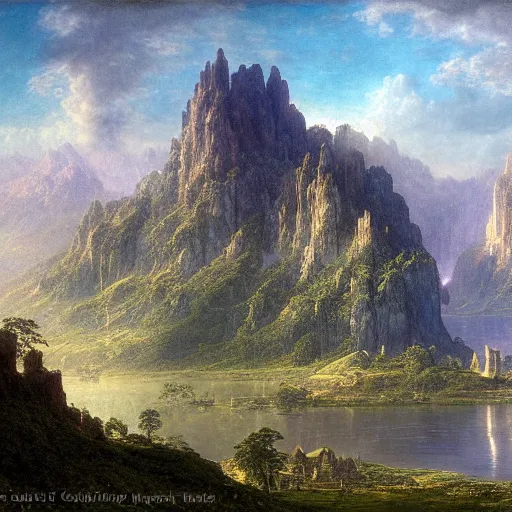 Image similar to a beautiful and highly detailed matte painting of the epic mountains of avalon, intricate details, epic scale, insanely complex, 8 k, sharp focus, hyperrealism, very realistic, by caspar friedrich, albert bierstadt, james gurney, brian froud,